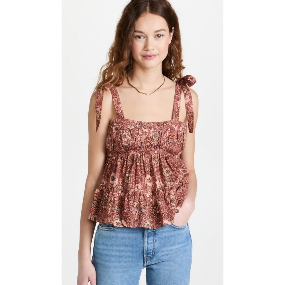Ulla Johnson Rosebud Pink Floral Syma Tie-Shoulder Top Tank Top Cotton Size 12